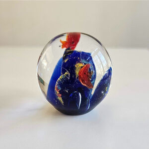 Vintage Art Glass Paperweight 2.5” Blue Red Controlled Bubble Hand Blown
